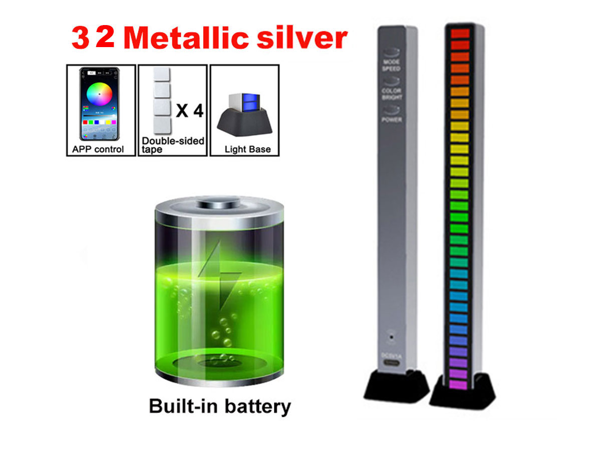 Wskaźnik wysterowania audio 32LED srebrny z wbudowaną baterią