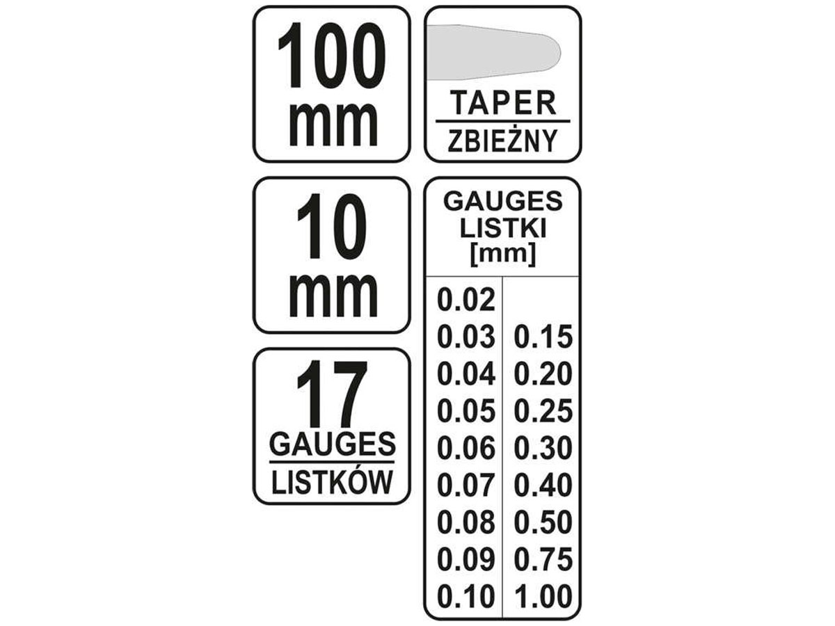 Szczelinomierz 100 mm, 17 listków, 0,02-1 mm YT-7220