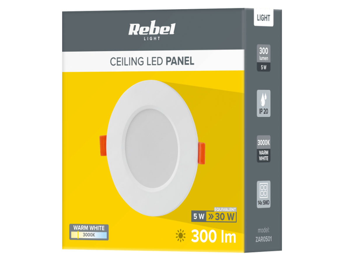 Sufitowy panel LED Rebel 5W, 110mm, 3000K, 230V ZAR0501