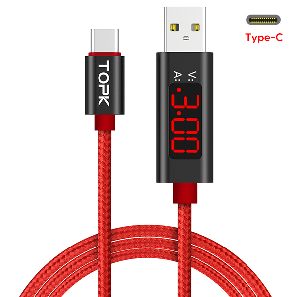 BTE-598 przewód USB typ c type C USB w oplocie nylonowym TOPK z woltomierzem amperomierzem wyświetlacz LED do ładowania elastyczny