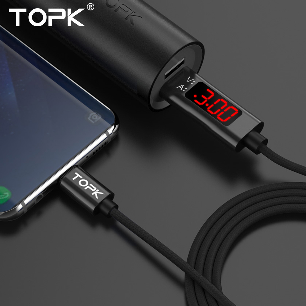 BTE-598 przewód USB typ c type C USB w oplocie nylonowym TOPK z woltomierzem amperomierzem wyświetlacz LED do ładowania elastyczny