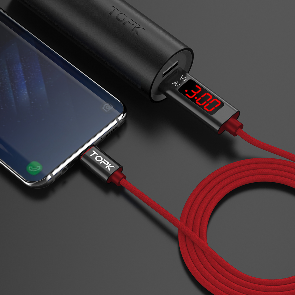BTE-599 przewód USB microUSB w oplocie nylonowym TOPK z woltomierzem amperomierzem wyświetlacz LED do ładowania elastyczny