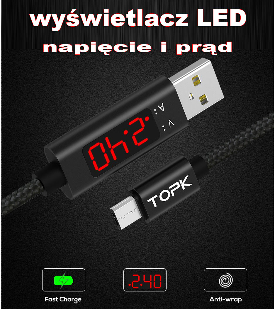 BTE-599 przewód USB microUSB w oplocie nylonowym TOPK z woltomierzem amperomierzem wyświetlacz LED do ładowania elastyczny