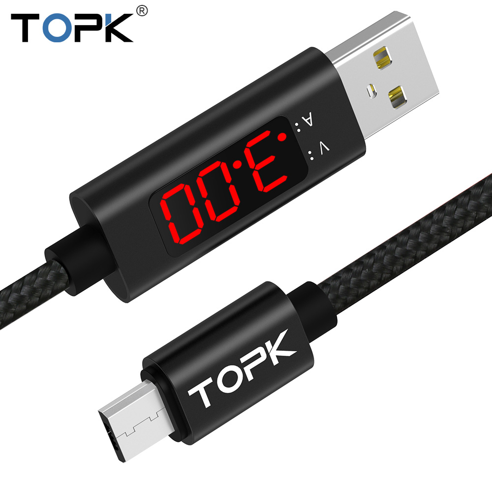 BTE-600 przewód USB microUSB w oplocie nylonowym TOPK z woltomierzem amperomierzem wyświetlacz LED do ładowania elastyczny