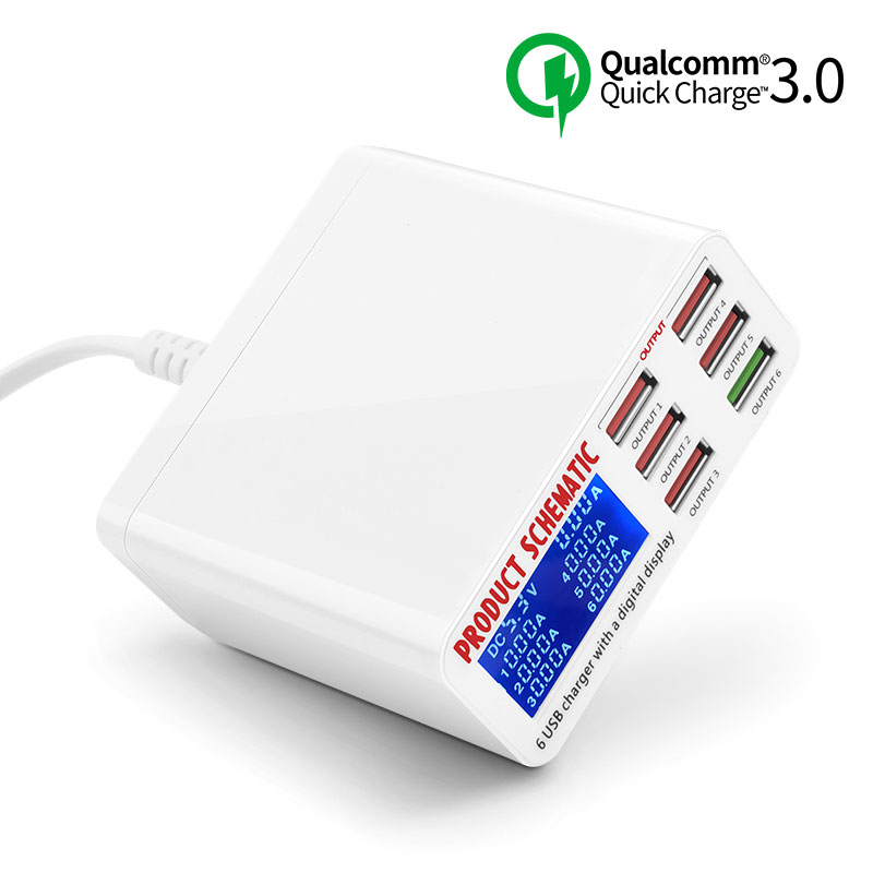 Ładowarka sieciowa USB 6 gniazd wyświetlacz prądu. Quick Charge 3.0 Qualcomm