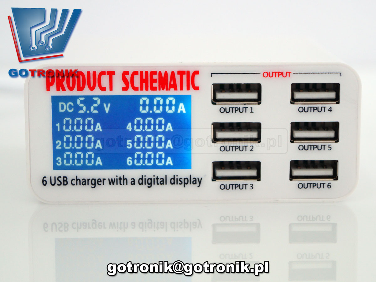 Ładowarka sieciowa USB 6 gniazd wyświetlacz prądu product schematic wlx-899 6A 5V 3,5A 3500mA