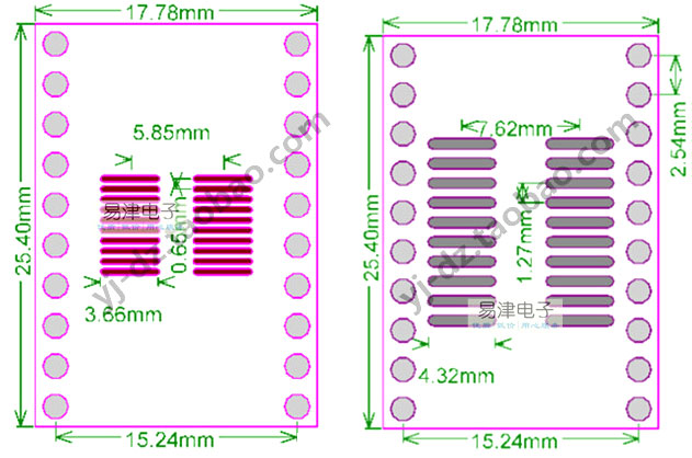 PCB-121 Adapter przejściówka TSSOP20/SOP20 na DIP20 0,65mm 1,27mm=50mils