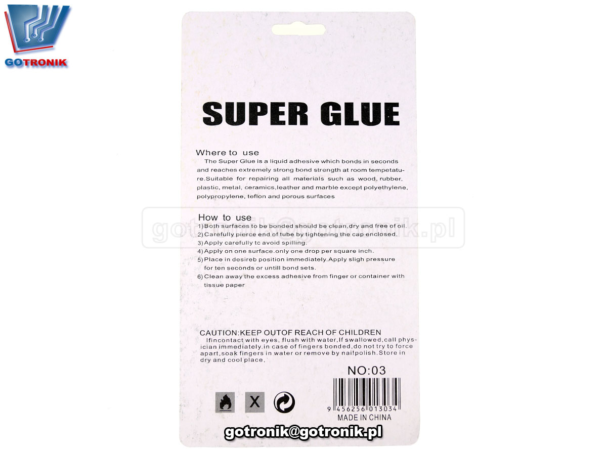 Super Glue klej błyskawiczny 3g do plastiku, metalu, drewna, skóry, gumy, szkła, porcelany, papieru CYJANOAKRYL 