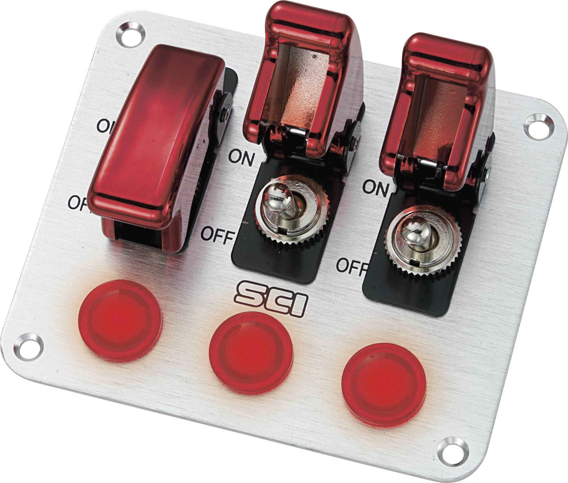 NAR-161 Przełącznik dźwigniowy panelowy SCI R18-P3A, 20 A/12 V, 3 przeł. ramienne/3 wskaźniki