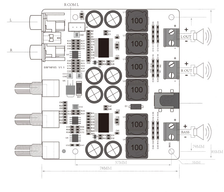 SW-HF65 Sanwu, wzmacniacz stereo, wzmacniacz do subwoofera, aktywny filtr dolnoprzepustowy, wzmaczniacz 2.1, wzmacniacz tpa3118, wzmacniacz audio akustyczny, bte-339,