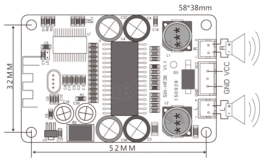 BTE-342, wzmacniacz z bluetooth, wzmacniacz stereo, wzmacniacza audio, sanwu, hf38, wzmacniacz audio bezprzewodowy, BTE342, tda8932bt nxp,