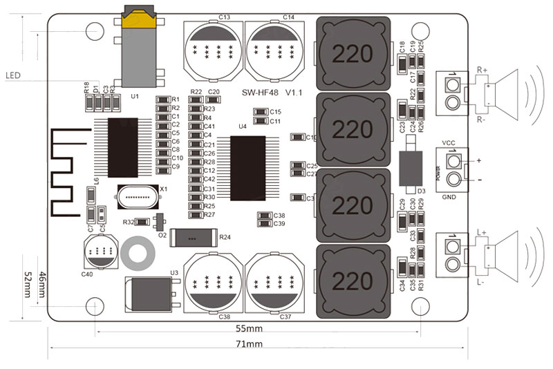 BTE-346, wzmacniacz z bluetooth, wzmacniacz stereo, wzmacniacza audio, sanwu, hf48, SW-HF48, TPA3118, wzmacniacz audio bezprzewodowy, BTE346, wzmacniacz 2x30W