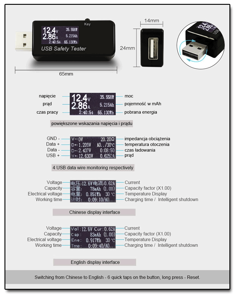 BTE-372 BTE372 miernik USB J7-t j7t doctor charger napięcia prądu mocy