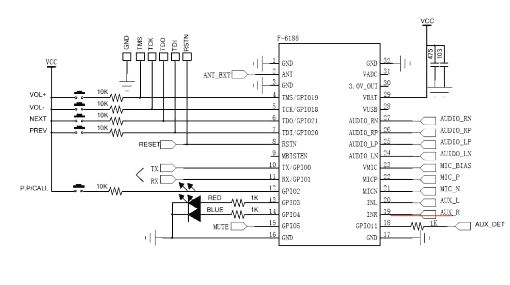 przykładowa aplikacja - schemat ideowy podłączenia BK8000L Bluetooth Stereo Audio BTE-446