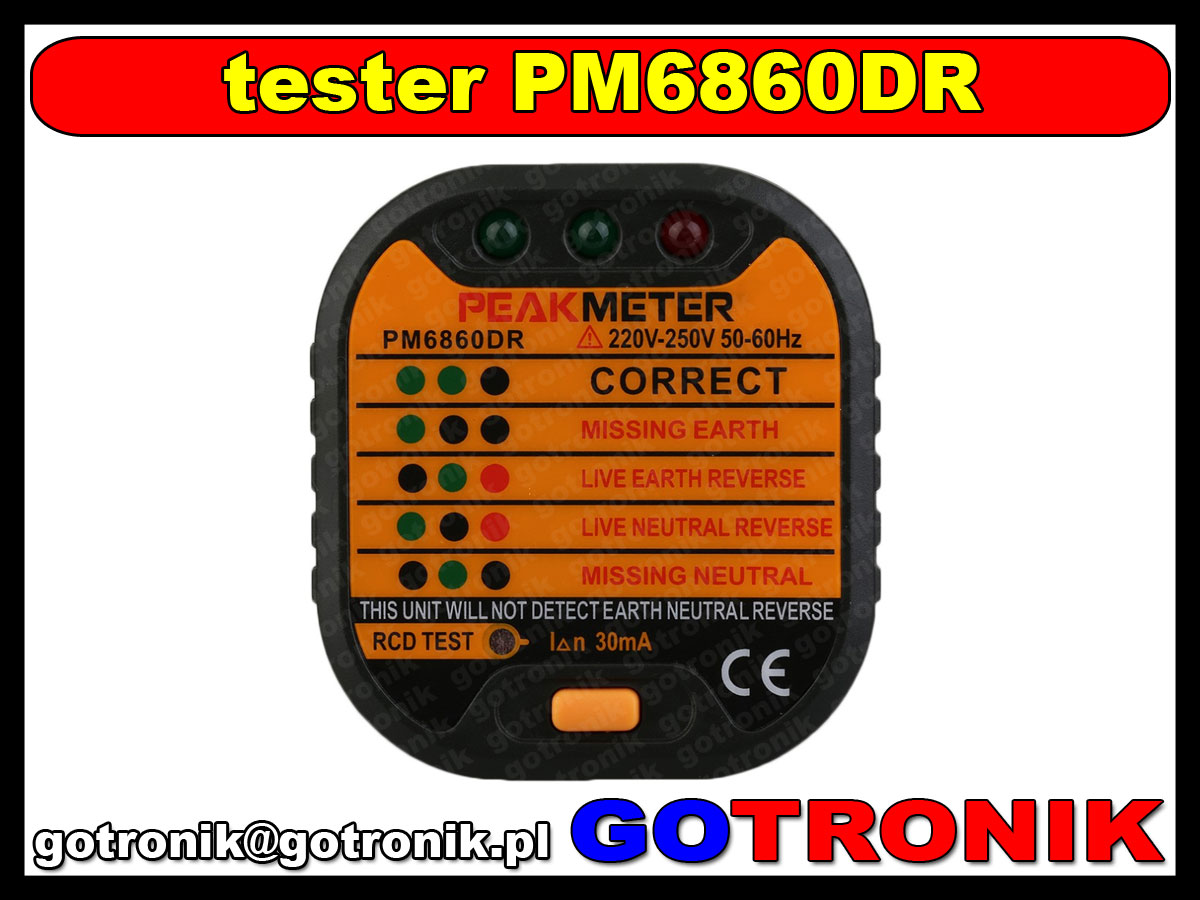 PM6860DR tester zasilania i wyłączników RCD PeakMeter 220-250V AC detektor próbnik miernik multimetr