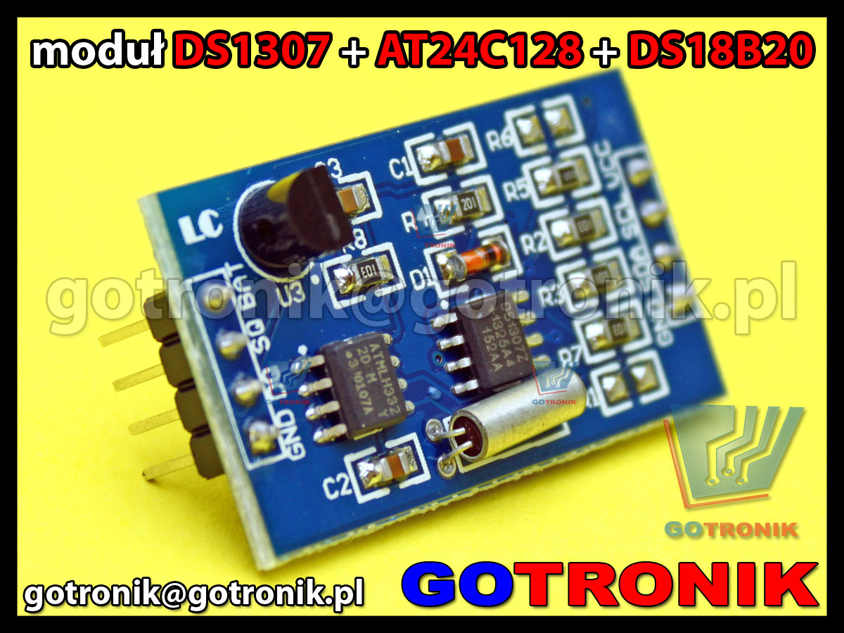 Moduł zegara RTC DS1307 + pamięć eeprom AT24C128 z interfejsem I2C + czujnik temperatury DS18B20 z interfejsem 1-Wire