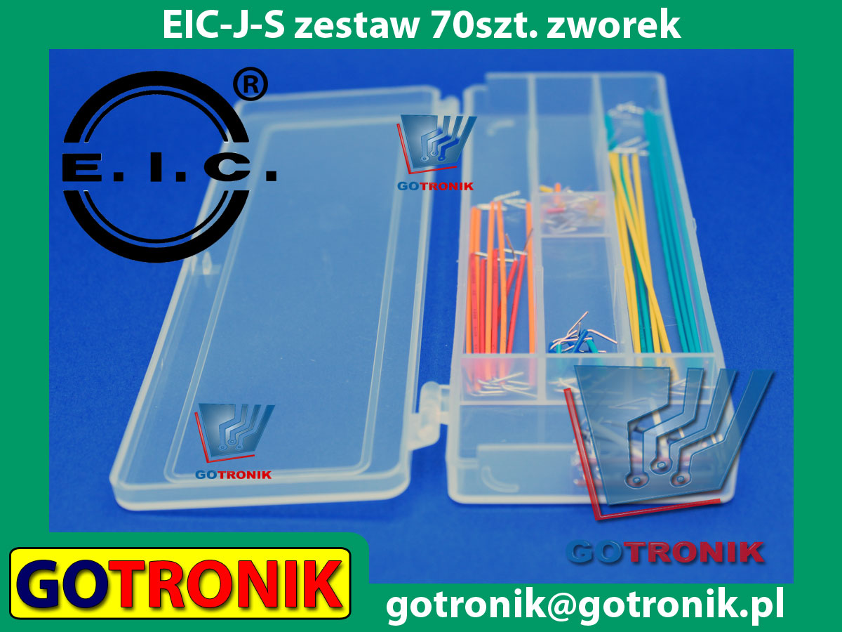 EIC-J-S zestaw 70 sztuk przewodów połączeniowych – zworek (jumperów) o różnej długości i kolorach przeznaczonych do łączenia w płytkach stykowych.