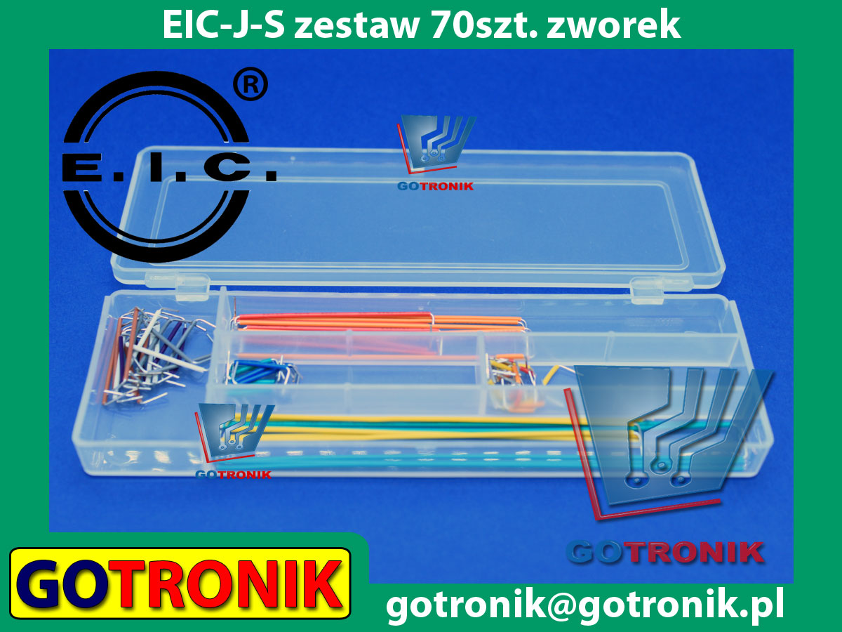 EIC-J-S zestaw 70 sztuk przewodów połączeniowych – zworek (jumperów) o różnej długości i kolorach przeznaczonych do łączenia w płytkach stykowych.