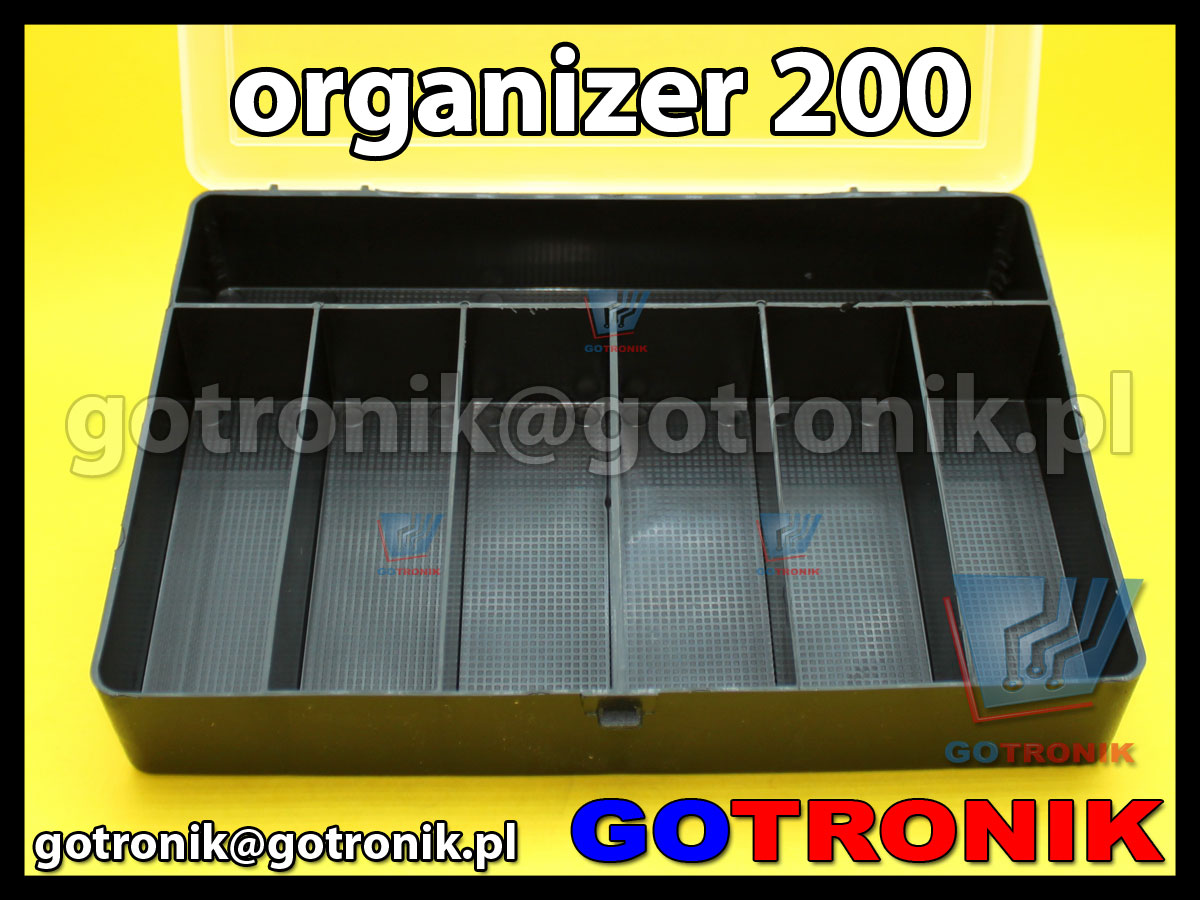 organizer 200 o wymiarach zewnętrznych: 200x145x35mm posiadający 7 przegródek, półprzeźroczystą pokrywę (transparentną) z zapięciem