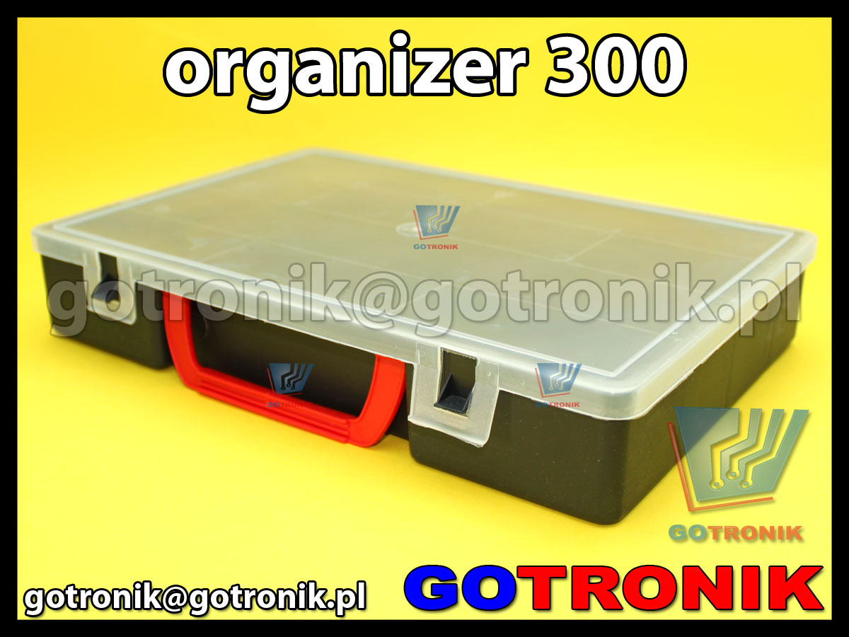 organizer 300 o wymiarach zewnętrznych: 300x220x55mm posiadający 10 przegródek, półprzeźroczystą pokrywę (transparentną) z zapięciem