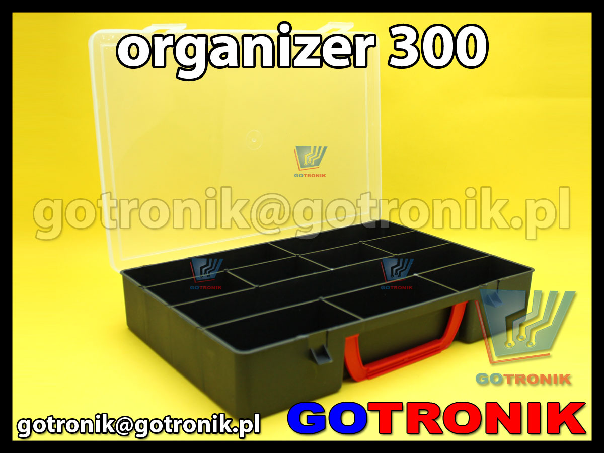 organizer 300 o wymiarach zewnętrznych: 300x220x55mm posiadający 10 przegródek, półprzeźroczystą pokrywę (transparentną) z zapięciem
