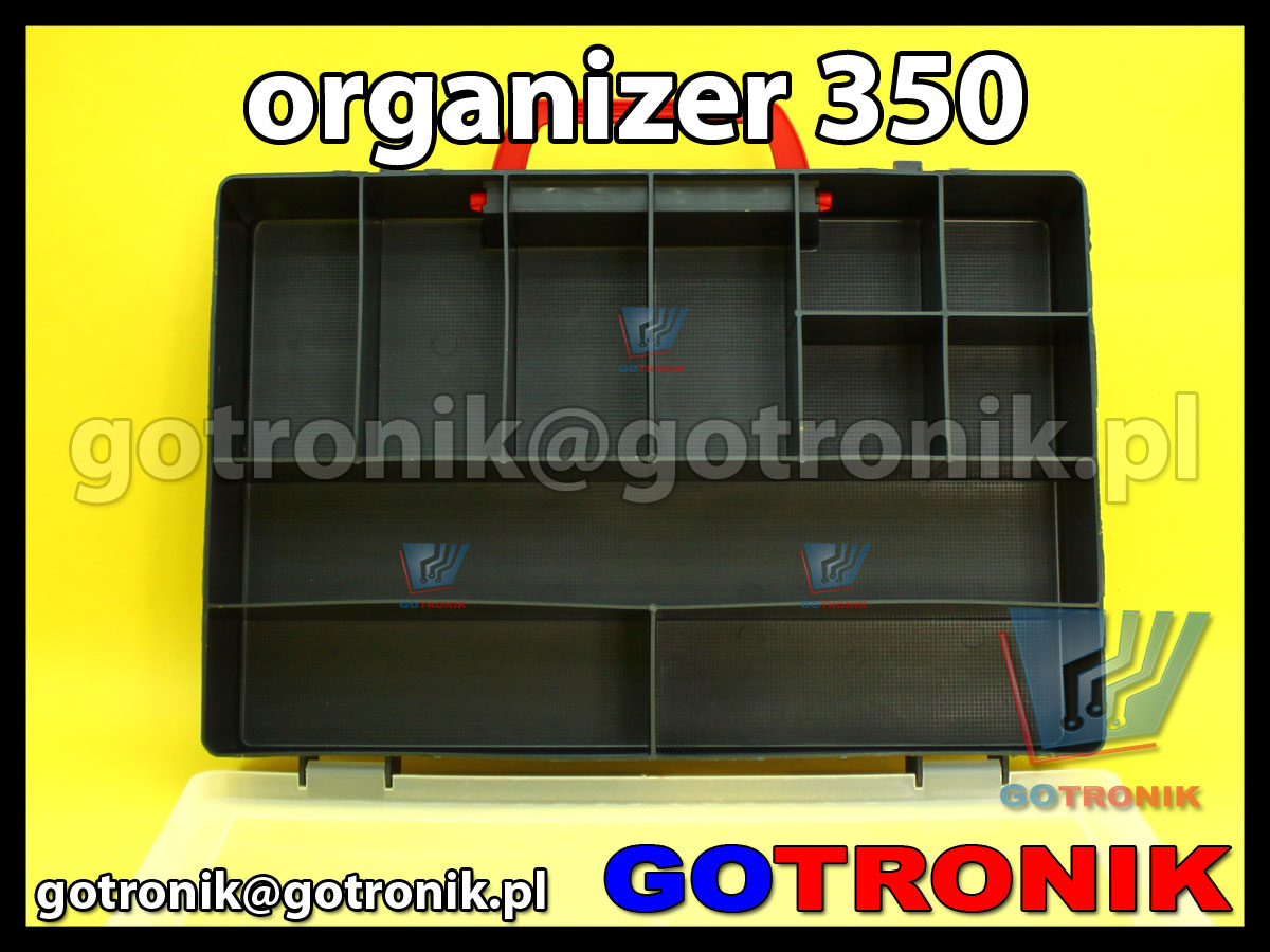 organizer 350 o wymiarach zewnętrznych: 345x245x60mm posiadający 11 przegródek, półprzeźroczystą pokrywę (transparentną) z zapięciem