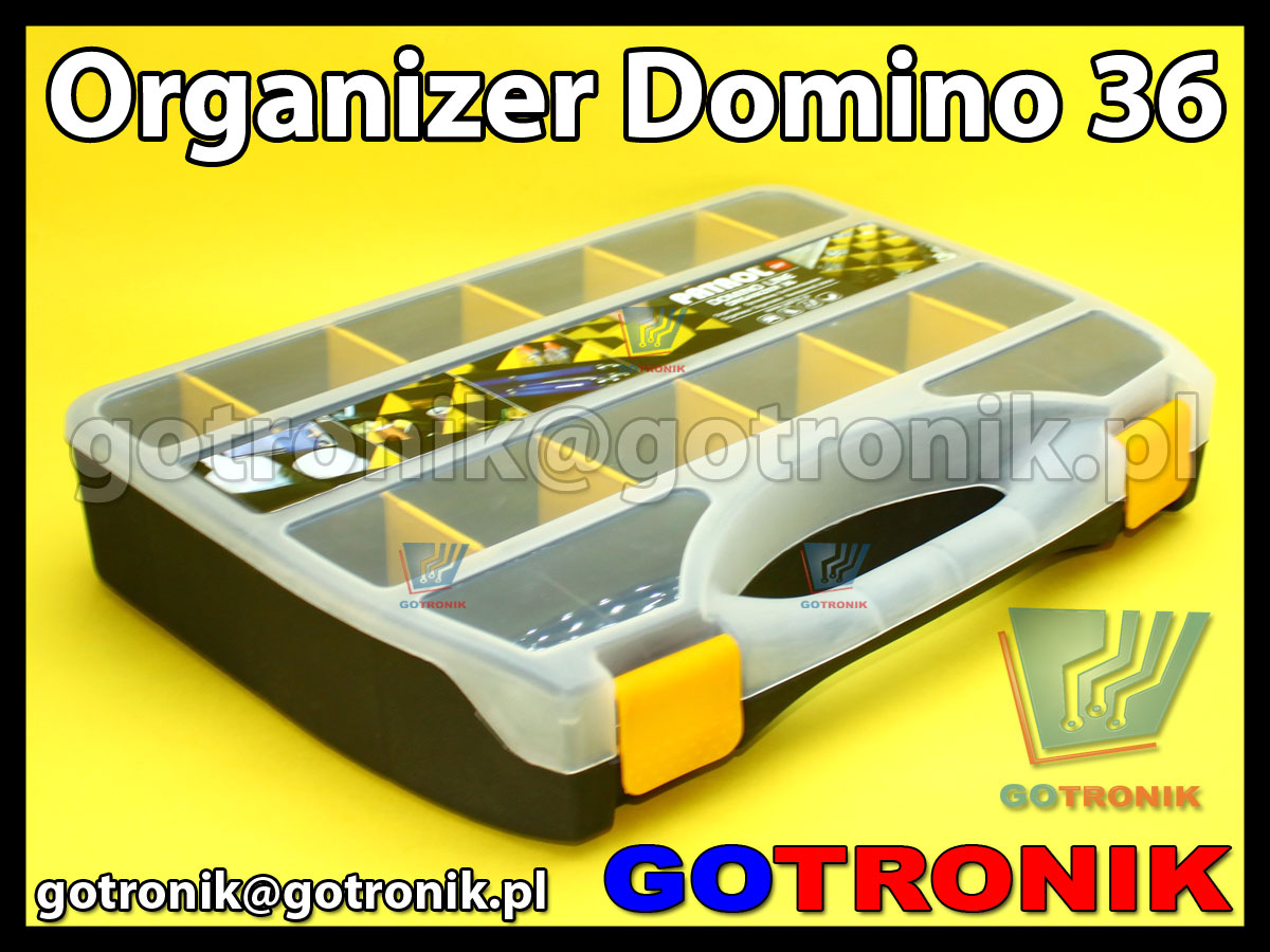 organizer domino 36 o wymiarach zewnętrznych: 368x268x66mm posiadający 19 przegródek regulowanych, półprzeźroczystą pokrywę (transparentną) z zapięciem