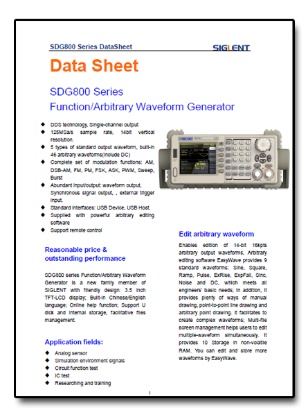 Karta                   katalogowa z opisem i danymi technicznymi generatorów                   SDG800 Siglent