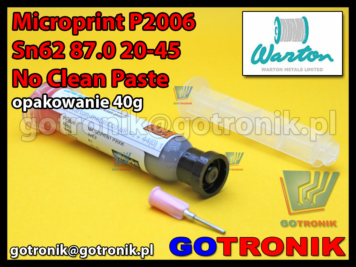 Pasta lutownicza Microprint P2006 Sn62 87.0 20-45 No Clean Paste opakowanie: 40g Warton Metals Limited BGA
