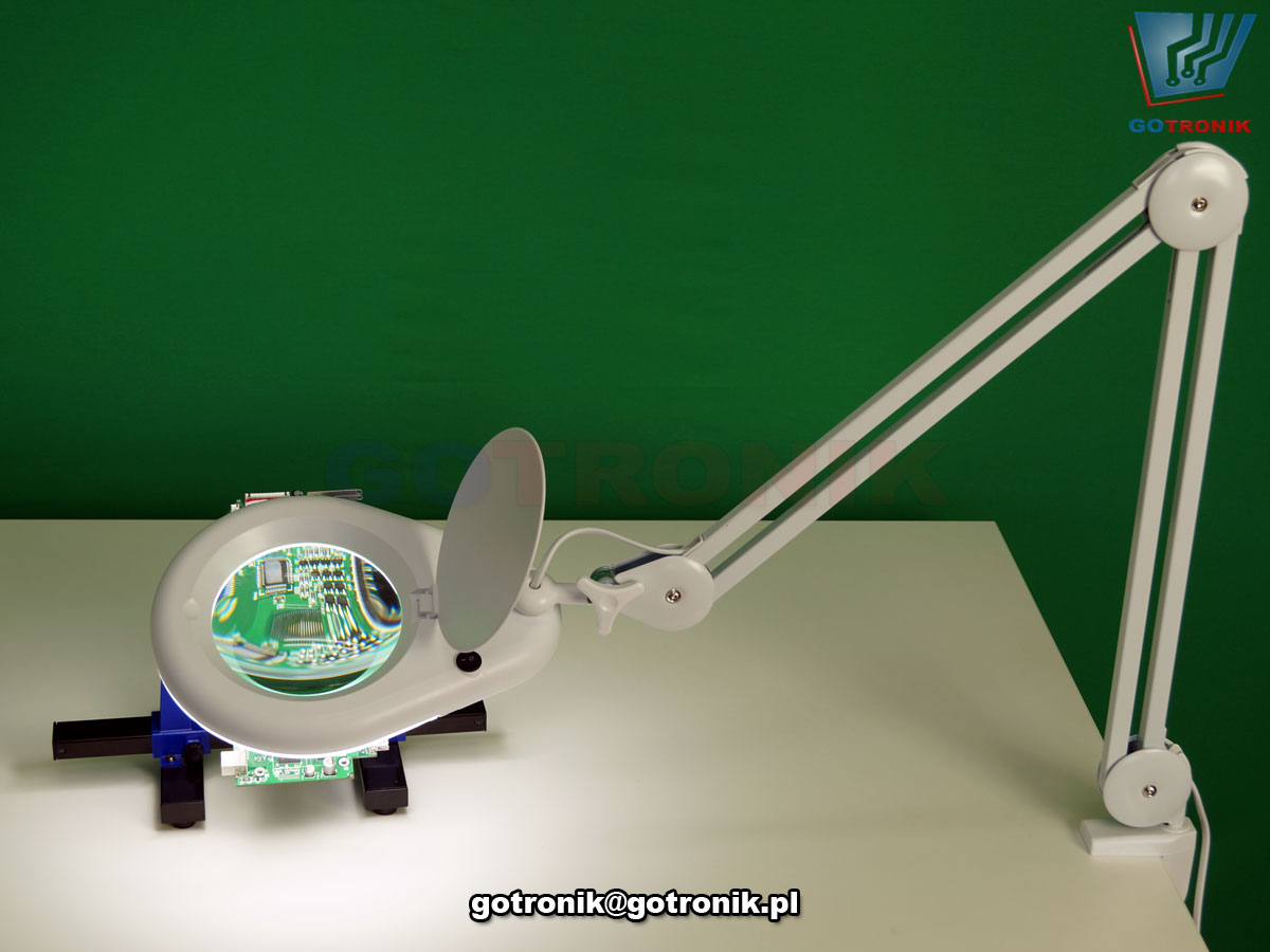 LAM-045, LAM-005, lampa z lupą powiększającą szklana soczewka o powiększeniu 5D i średnicy 5cali 127mm z oświetleniem 60 LED SMD 12W 1200lumen temperatura barwowa z zakresu 5600-6000K przykręcana do blatu