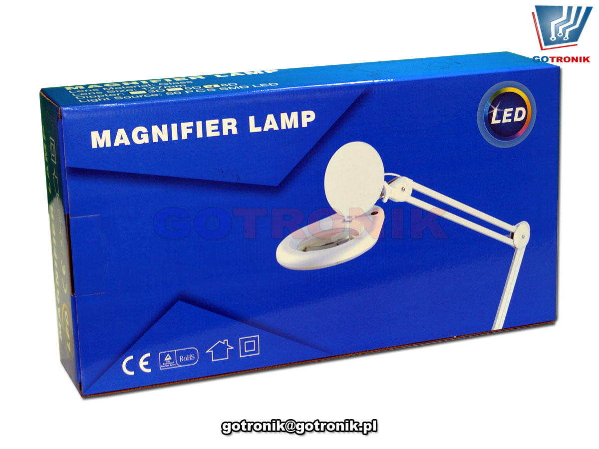 LAM-041, LAM-003, lampa z lupą powiększającą szklana soczewka o powiększeniu 3DPI i średnicy 5cali 127mm z oświetleniem 60 LED SMD 12W 1200 lumen temperatura barwowa z zakresu 5600-6000K przykręcana do blatu
