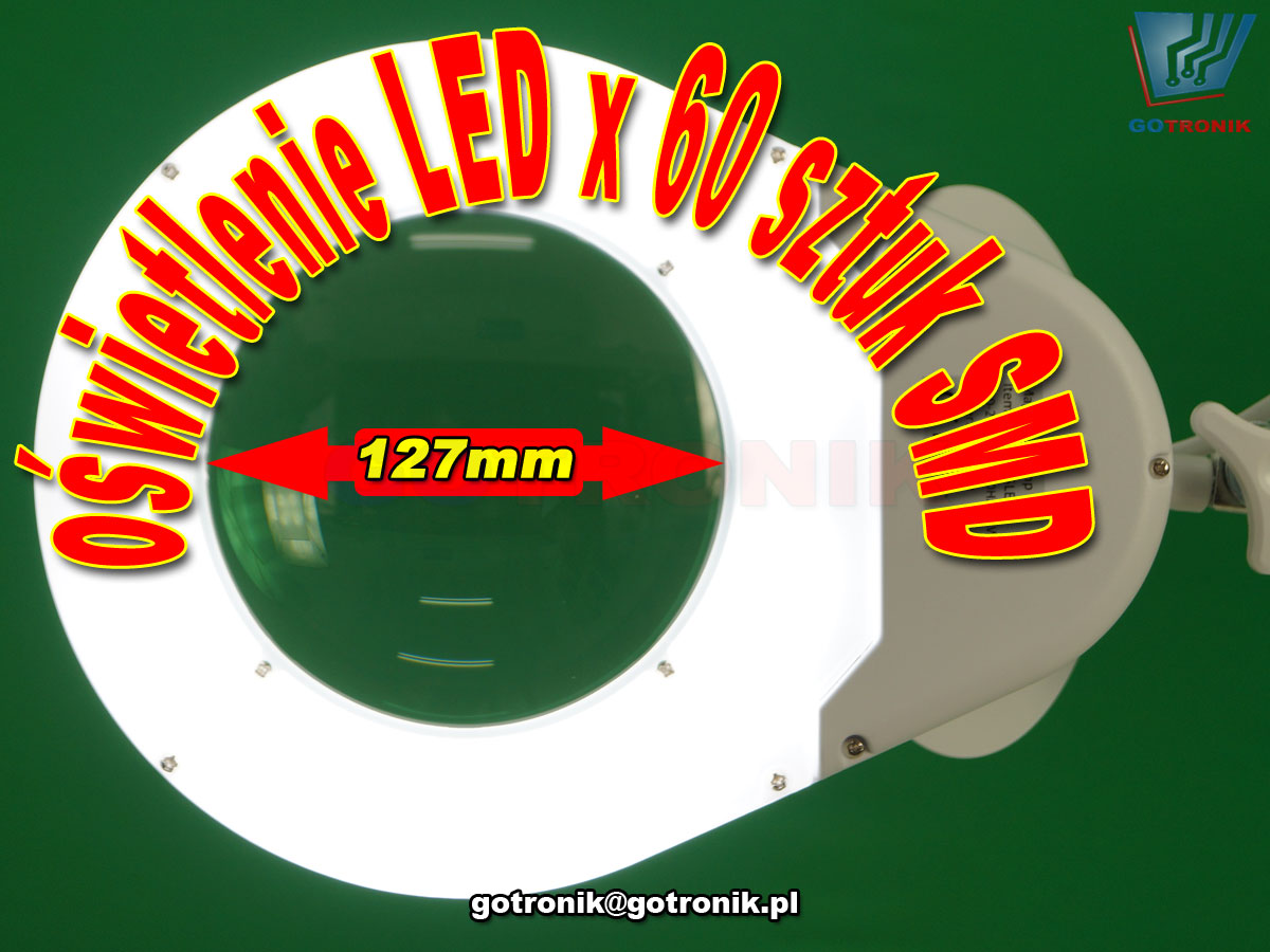 LAM-041, LAM-003, lampa z lupą powiększającą szklana soczewka o powiększeniu 3DPI i średnicy 5cali 127mm z oświetleniem 60 LED SMD 12W 1200 lumen temperatura barwowa z zakresu 5600-6000K przykręcana do blatu