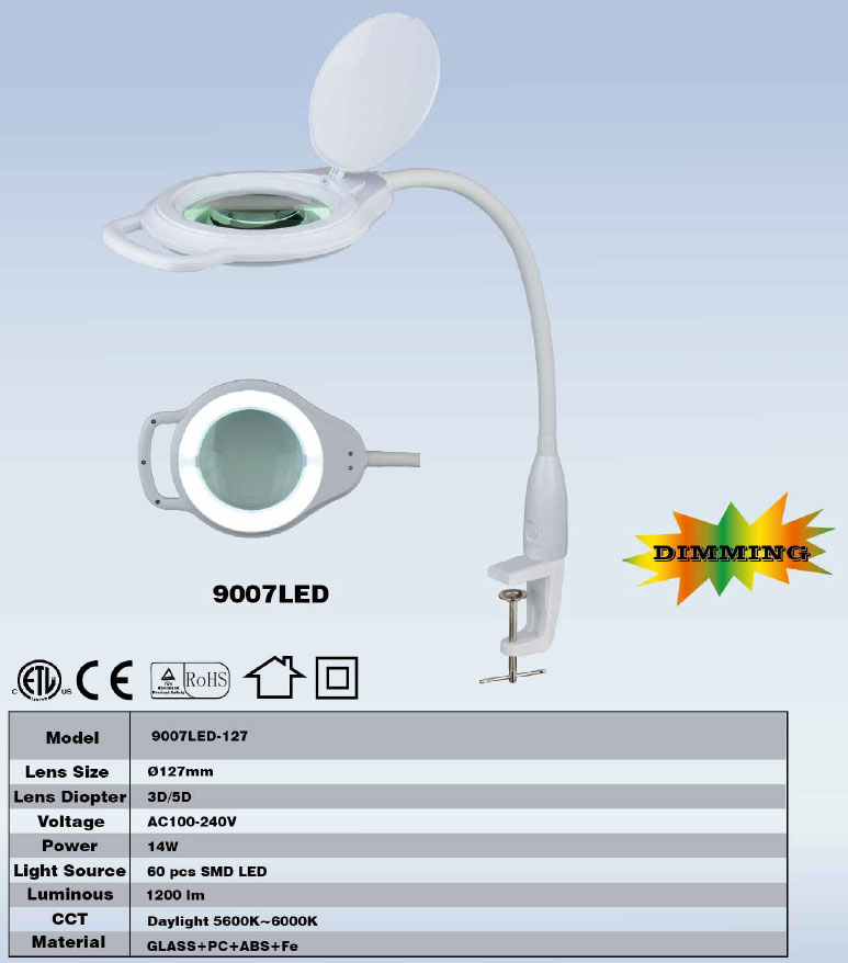 Lampa z lupą 127mm 5D 60 LED SMD biurkowa z regulacją intensywności światła elastyczne ramie gęsia szyjka