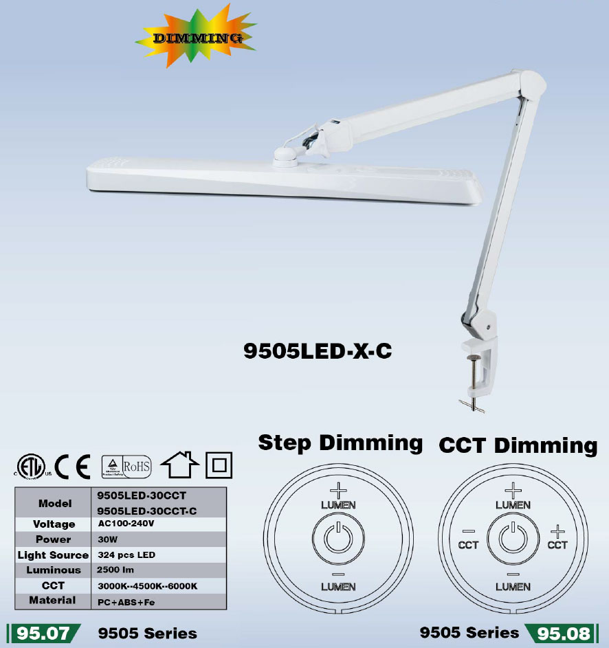Lampa warsztatowa na ramieniu, Lampa stołowa 324 LED, Lampa biurkowa z funkcją ściemniacza, lampa kreślarska, 9505LED, 9505LED-30-C, LAM-084