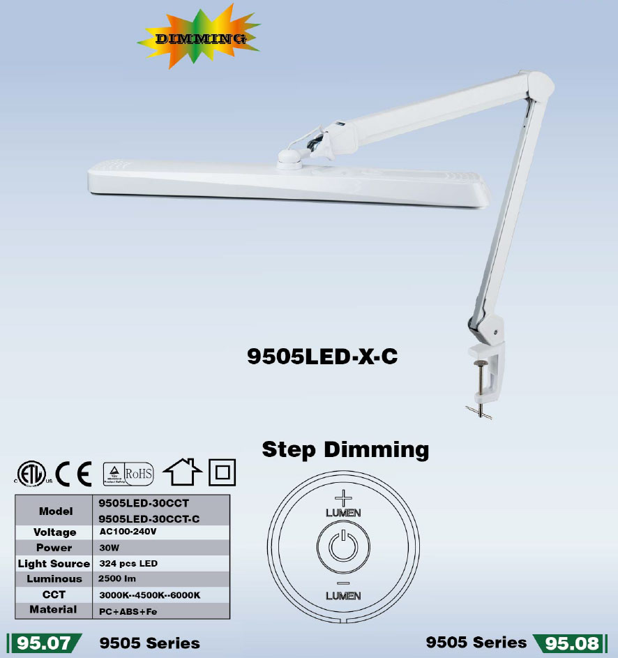 Lampa warsztatowa na ramieniu, Lampa stołowa 324 LED, Lampa biurkowa z funkcją ściemniacza, lampa kreślarska, 9505LED, 9505LED-30-C, LAM-085, LAM-085