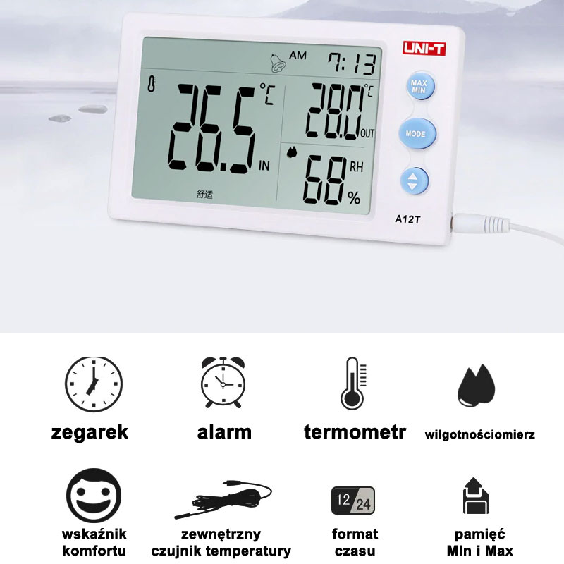 A12T stacja pogodowa z zewnętrznym czujnikiem termometr miernrik temperatury Uni-t