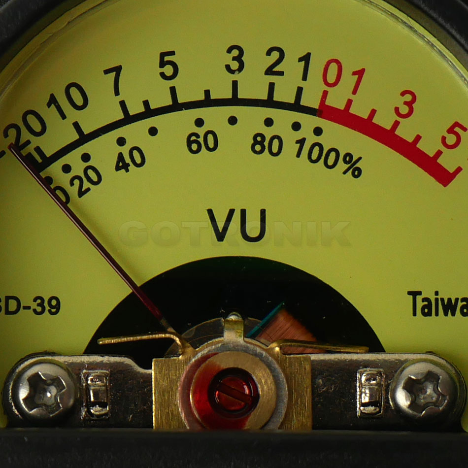 Miernik UV wysterowania poziomu audio VU meter 35x35mm analogowy żółta tarcza tło z podświetleniem,