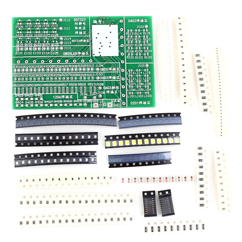zestaw 240 sztuk elementów elektronicznych SMD + płytka drukowana PCB do nauki lutowania BTE-989