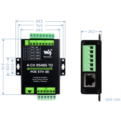 4 kanałowy serwer szeregowy RS485 do PoE RJ45 Ethernet na szynę DIN Waveshare