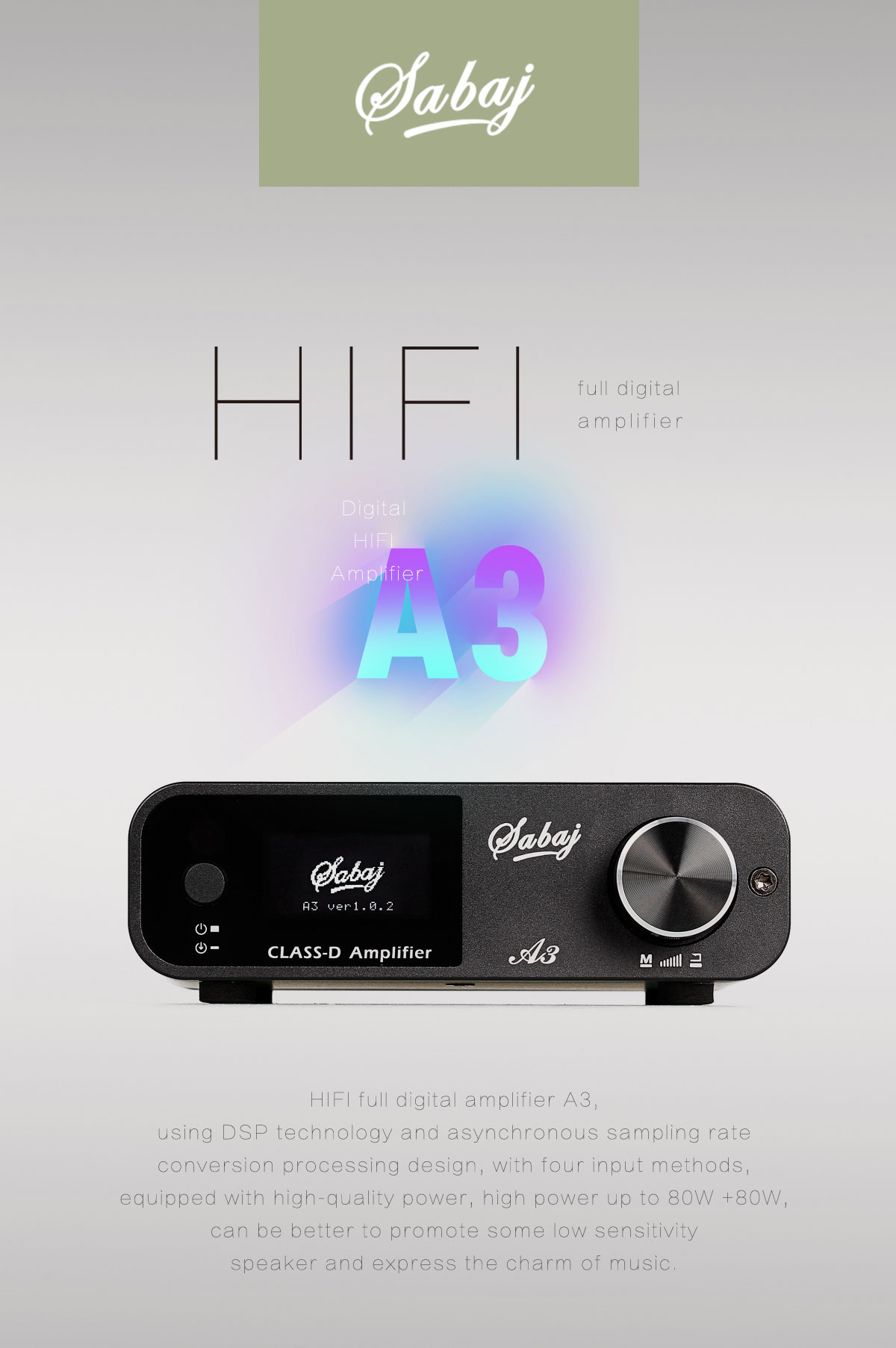 wzmacniacz stereo mocy HiFi produkcji Sabaj model A3 z przetwornikiem analogowo-cyfrowym DAC