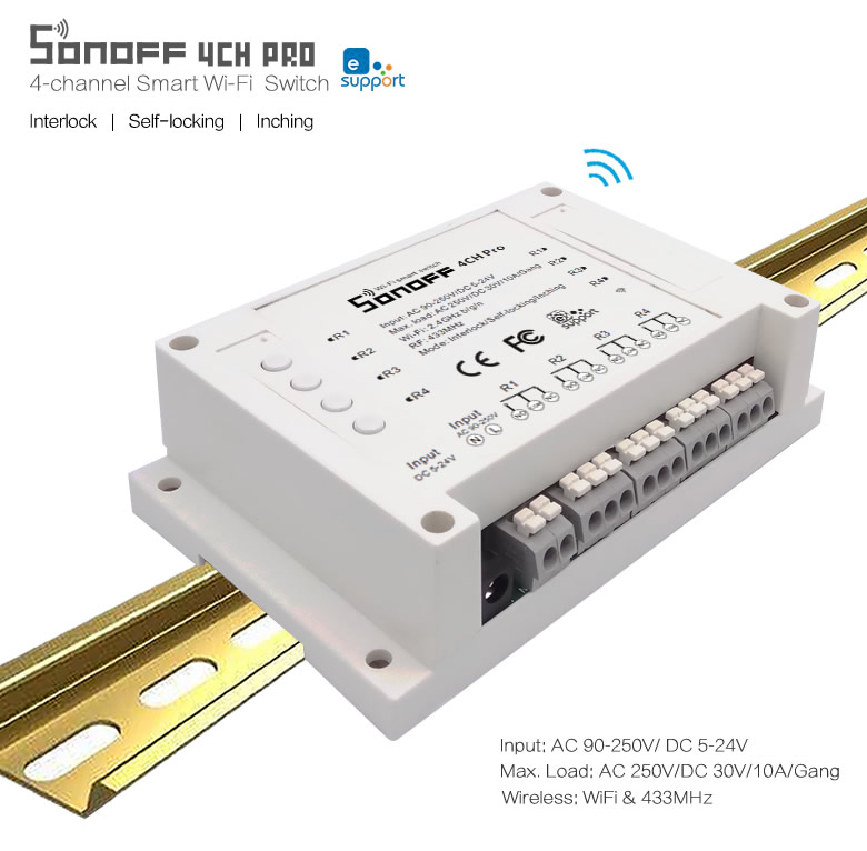 Sonoff 4CH Pro R2 przełącznik (przekaźnik) sterowany zdalnie przez Wifi 4 kanałowy (4 wyjścia) na szynę DIN IM171108006