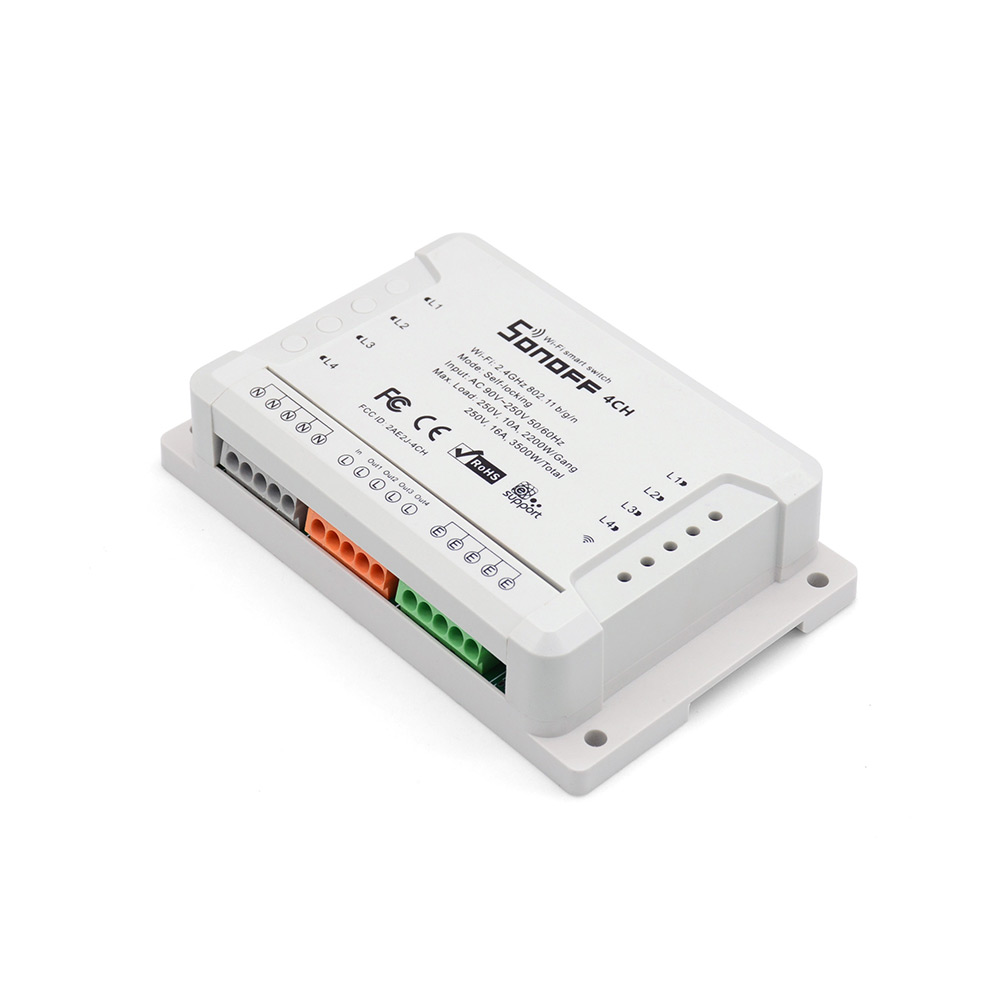 Sonoff 4CH R2 przełączniki przekaźniki sterowane zdalnie przez Wifi 4 kanałowy (4 wyjścia) na szynę DIN IM171108005
