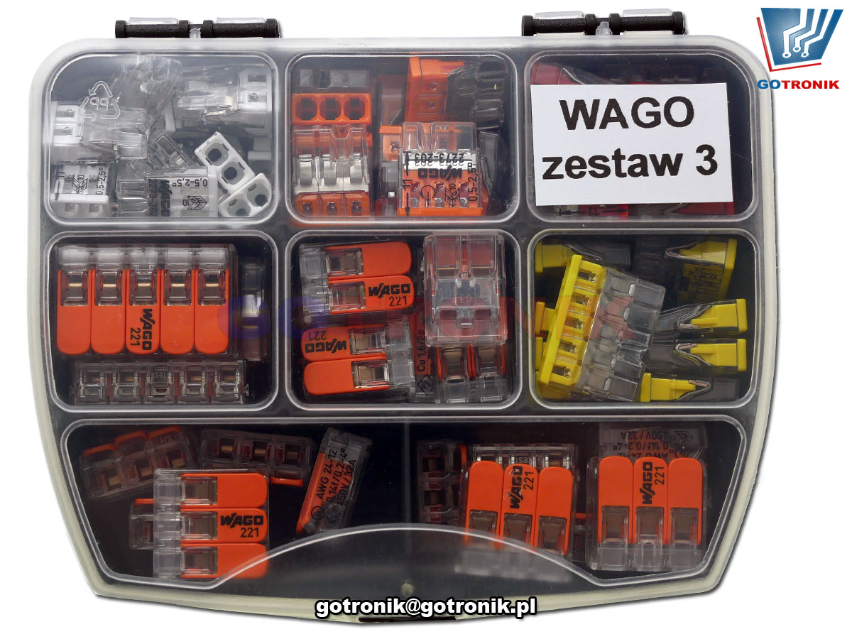 szybkozłączki WAGO zestaw 3 do łączenia przewodów typu drut lub linka w instalacjach elektrycznych 2273-202 2273-203 2273-204 2273-205 221-412 221-413 221-415